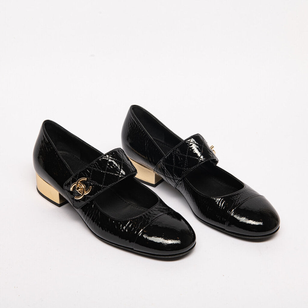 Chanel Black Patent Leather Quilted Mary Jane