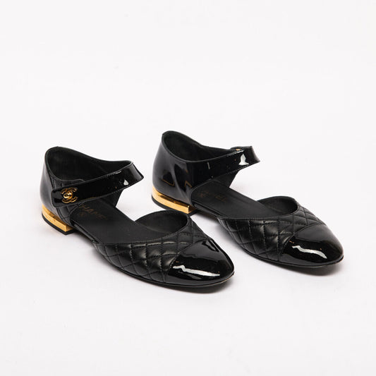 Chanel Black Patent Cap Toe MaryJane Flats