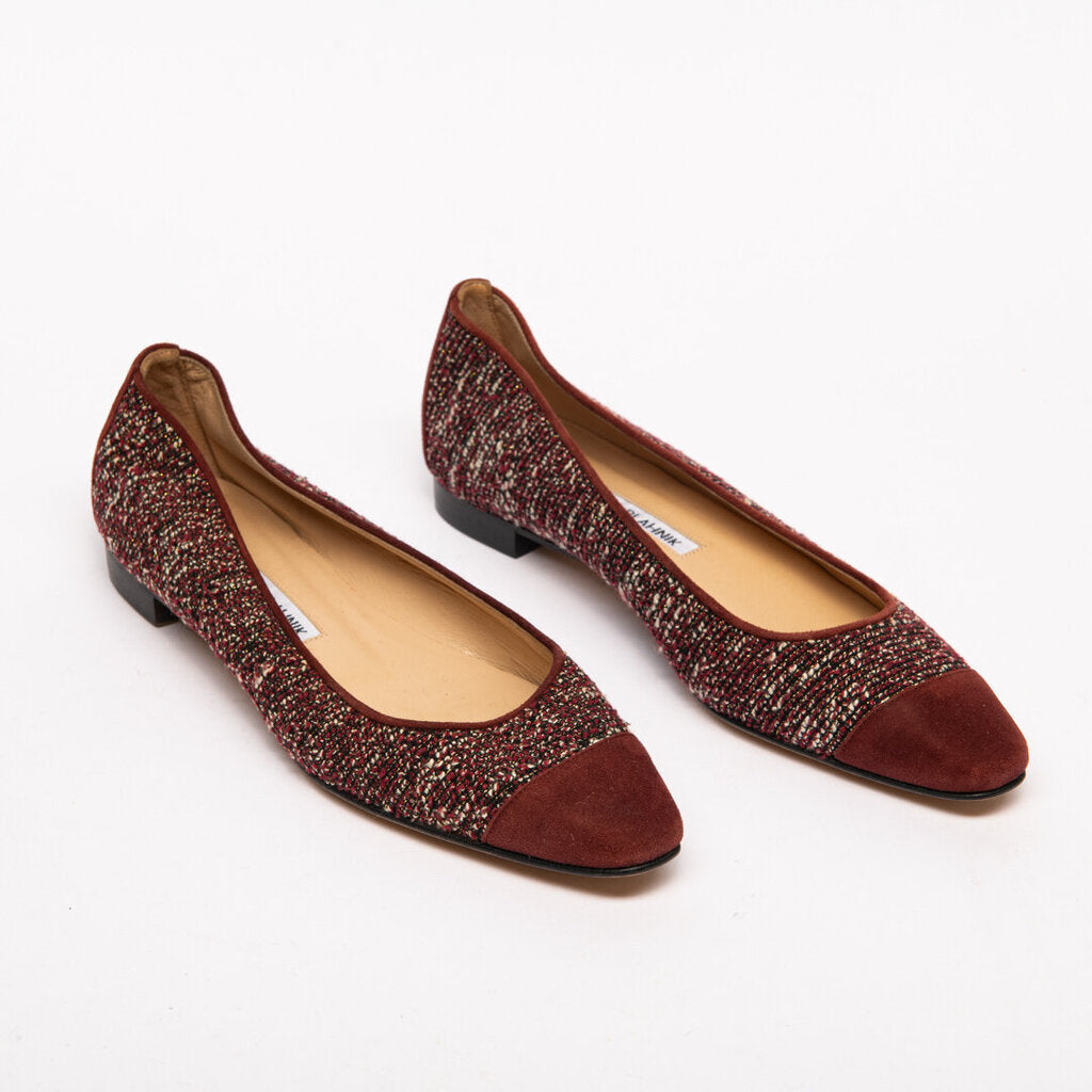 Manolo Blahnik Burgundy Tweed Cap Toe Flats
