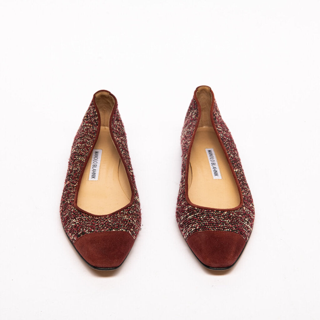 Manolo Blahnik Burgundy Tweed Cap Toe Flats