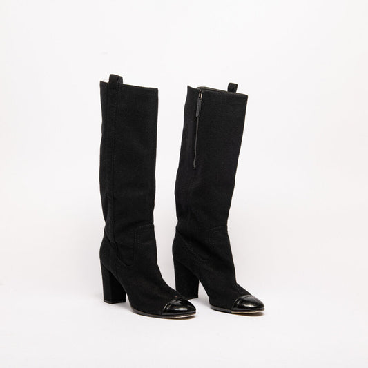 Chanel Black Felt Cap Toe Boots