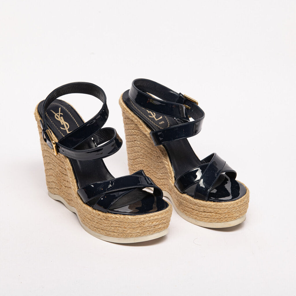 Saint Laurent Blue Patent Wedge Espadrille