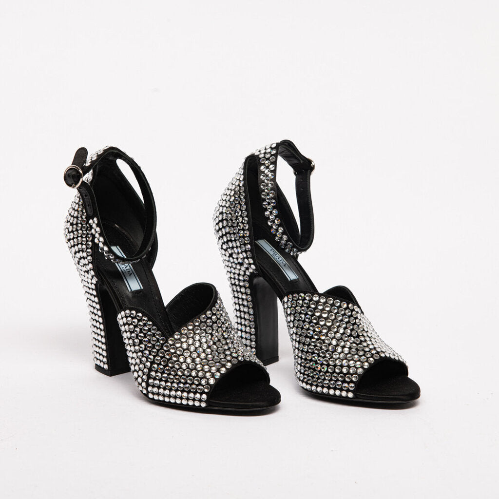 Prada Rhinestone Satin Ankle Strap Pumps