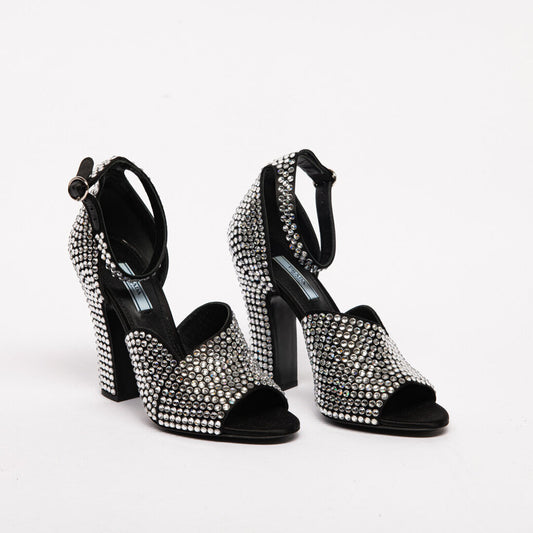 Prada Rhinestone Satin Ankle Strap Pumps