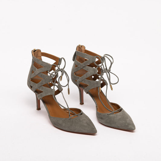 Aquazzura Gray Suede Lace-Up Pumps