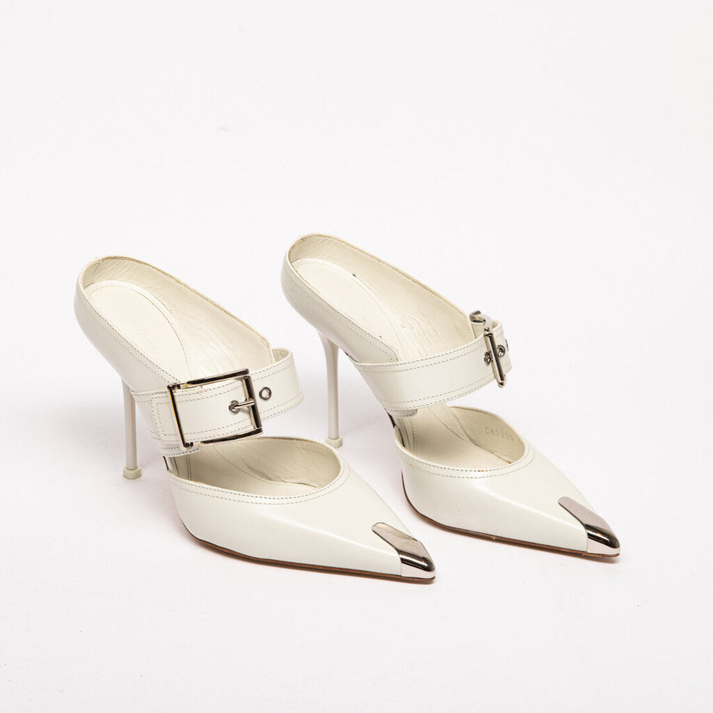 Alexander McQueen White Leather Silver Top Sandal