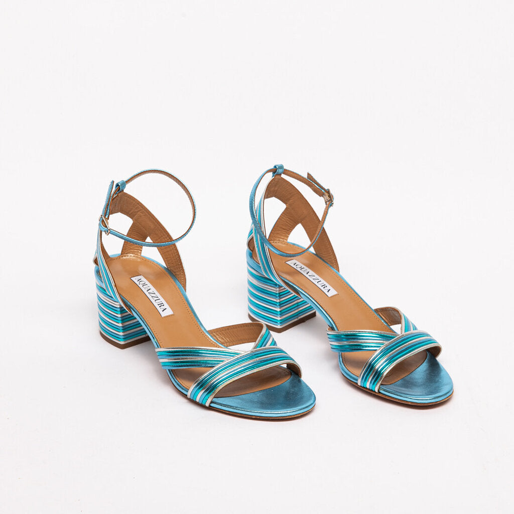 Aquazzura Blue Metallic Strappy Block Heel Sandal