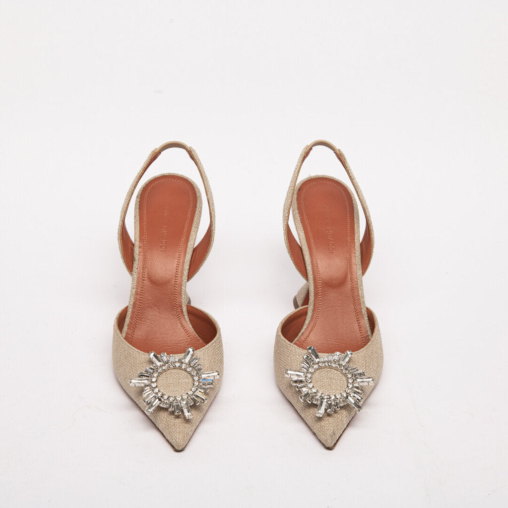 Amina Muaddi Beige Canvas Crystal Slingback