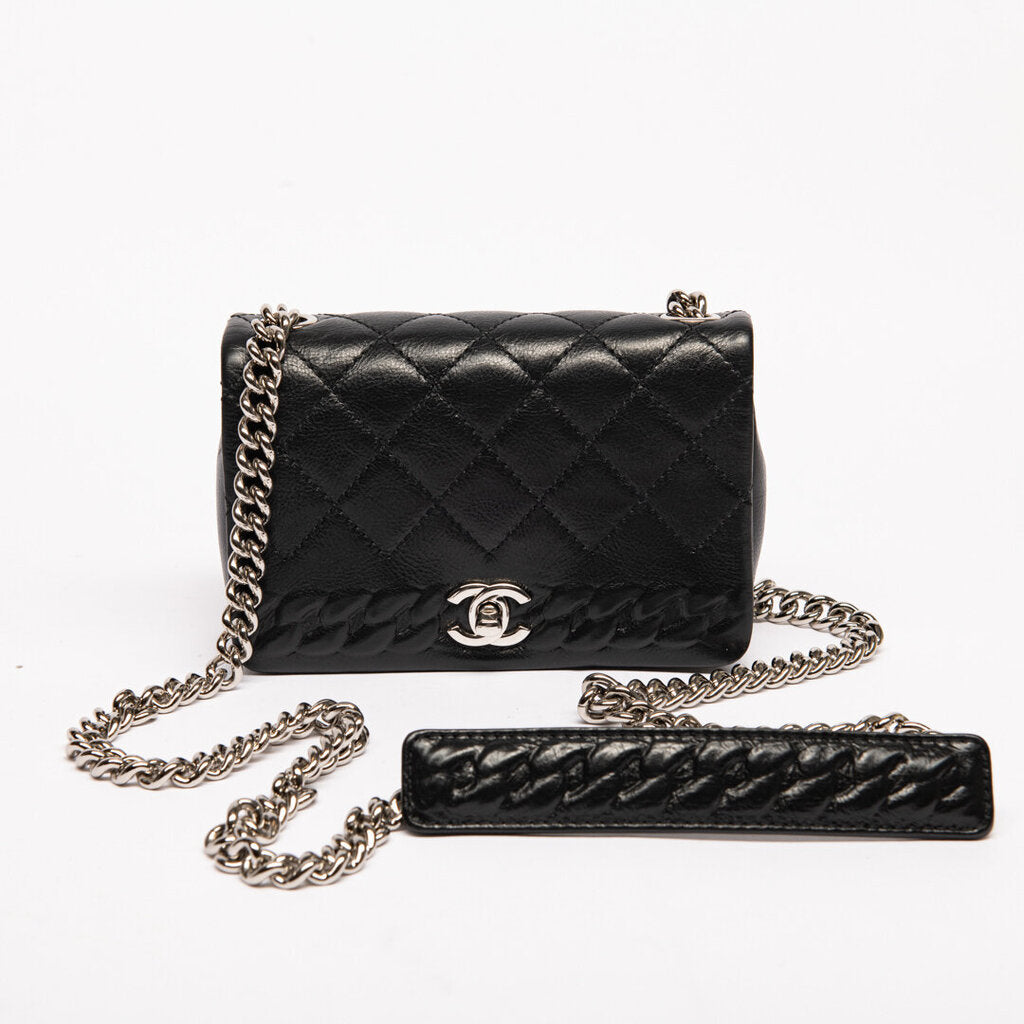 Chanel Black and Silver Chain Shoulder Bag Calfskin