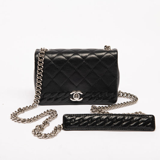 Chanel Black and Silver Chain Shoulder Bag Calfskin
