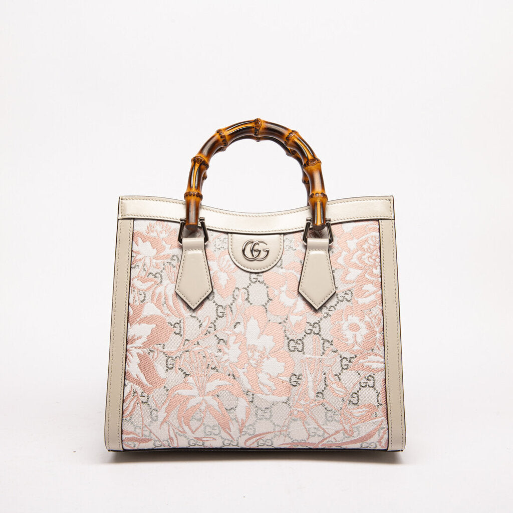 Gucci Cream Mono & Pink Floral Bamboo Diana Bag