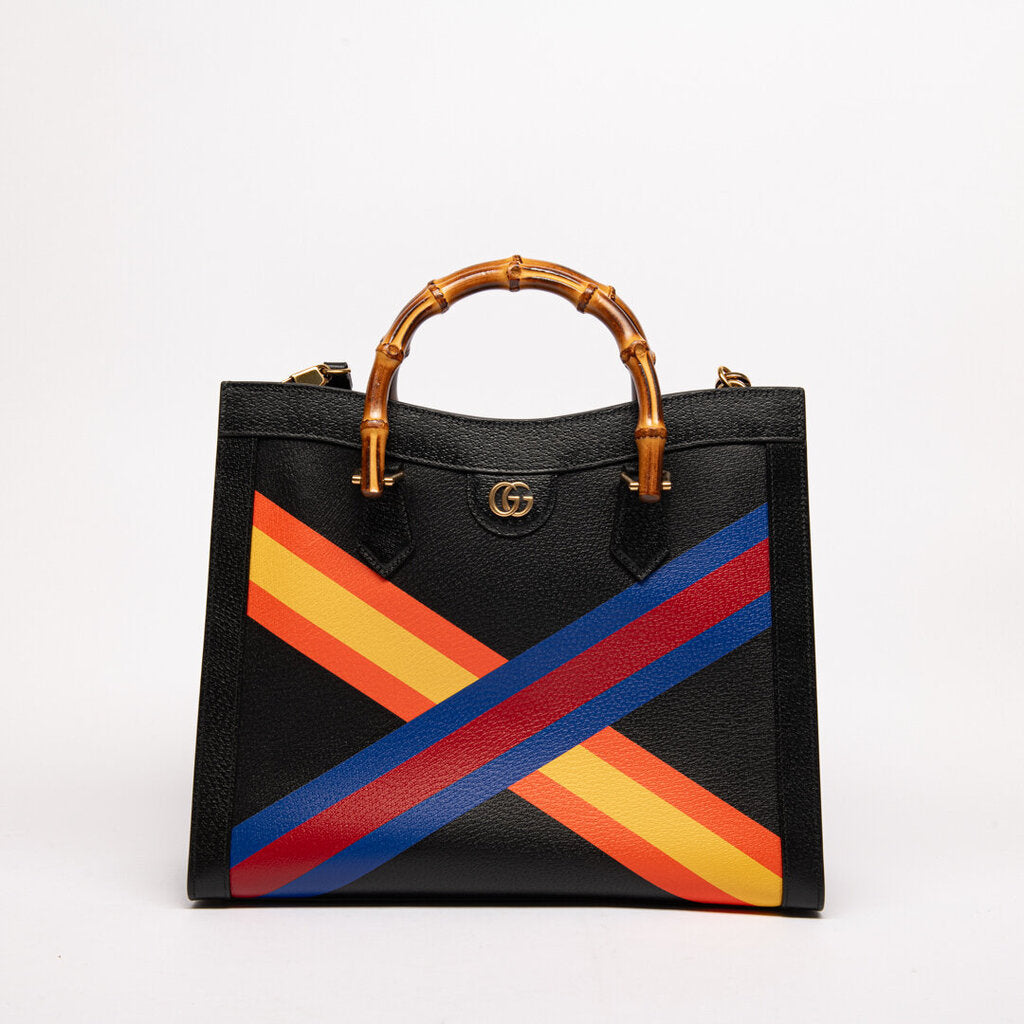 Gucci Black & Striped Leather Bamboo Diana Bag