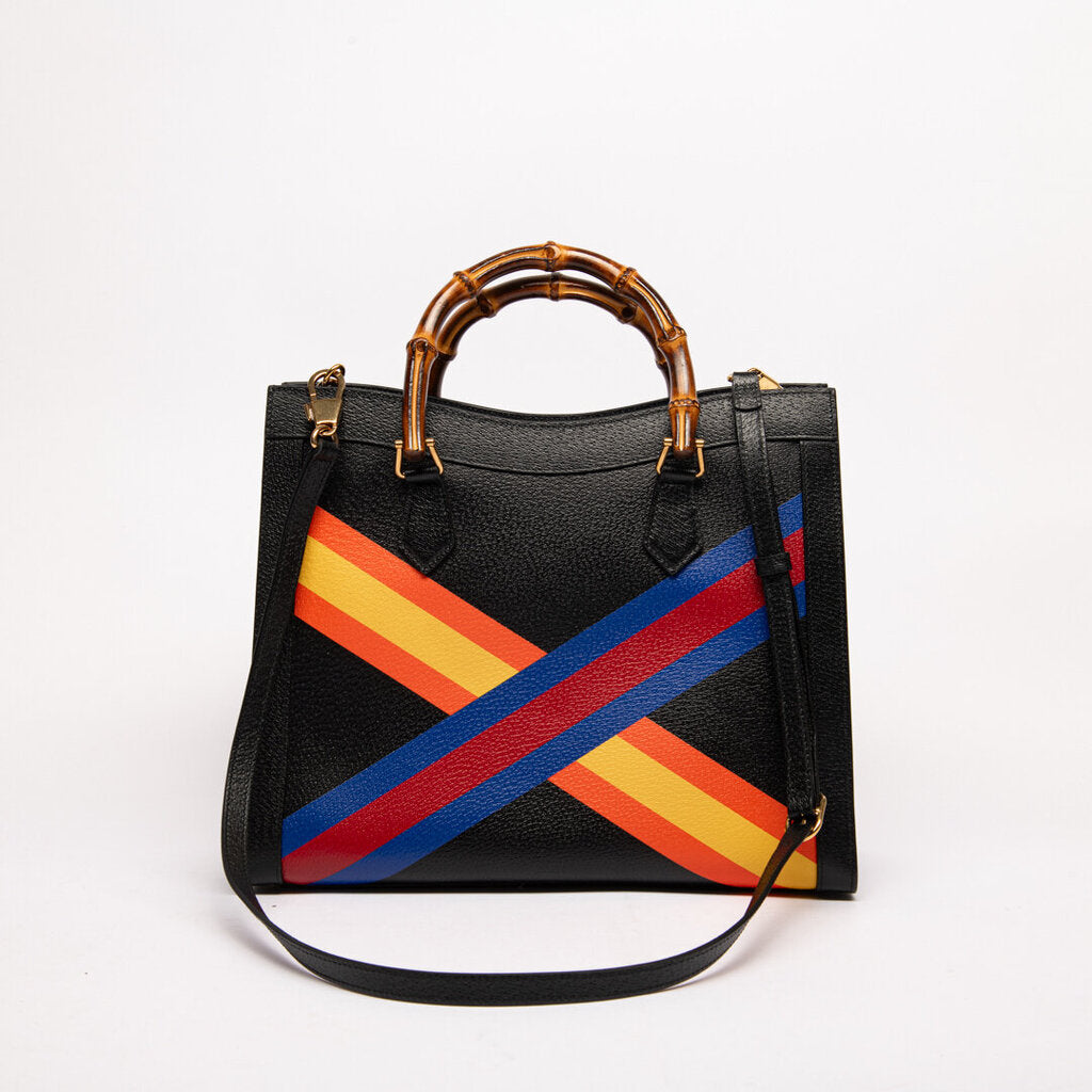 Gucci Black & Striped Leather Bamboo Diana Bag