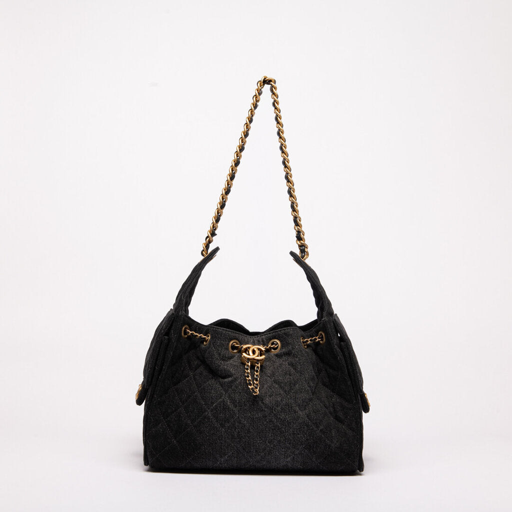 Chanel Black Denim Quilted Antique Gold Hardware 25