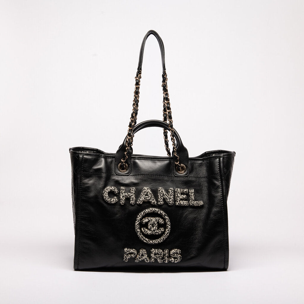 Chanel Black Calfskin Tweed Logo Deauville