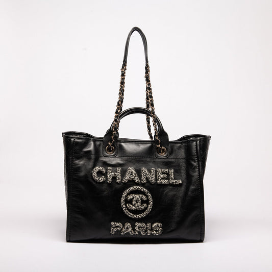 Chanel Black Calfskin Tweed Logo Deauville