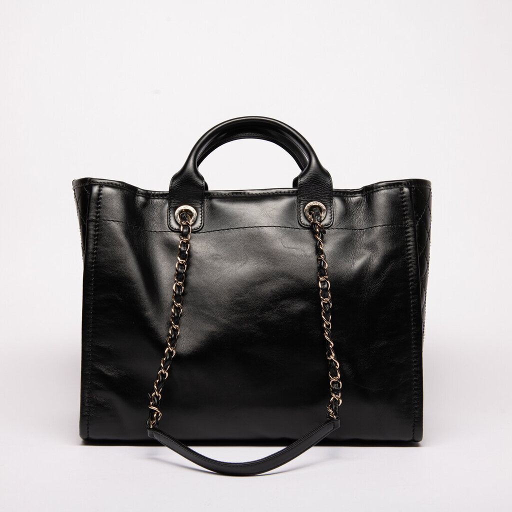 Chanel Black Calfskin Tweed Logo Deauville