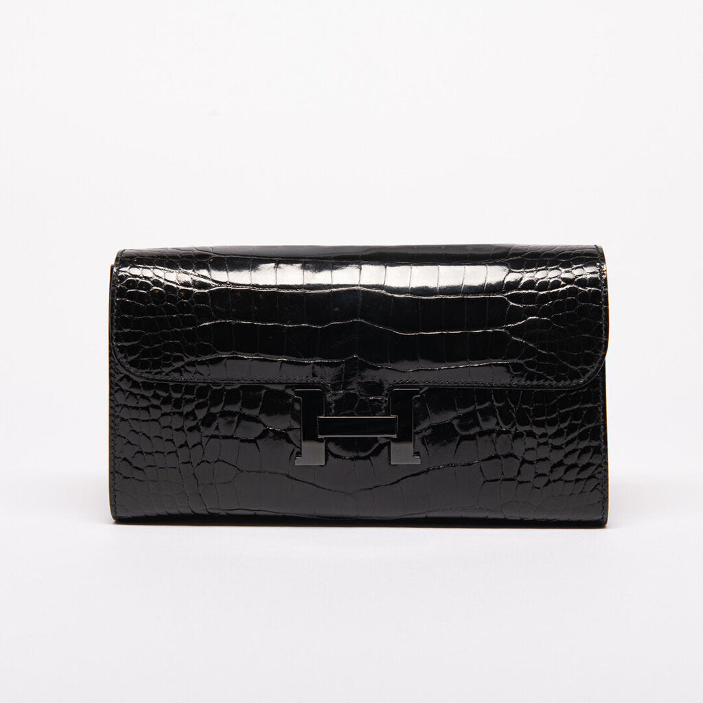 Hermes Black Shiny Alligator Monochrome Long Constance Wallet