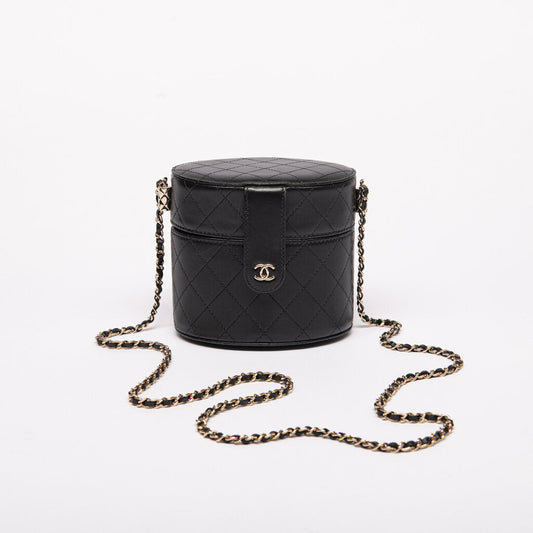 Chanel Black Lambskin Round Gold Hardware Vanity Case