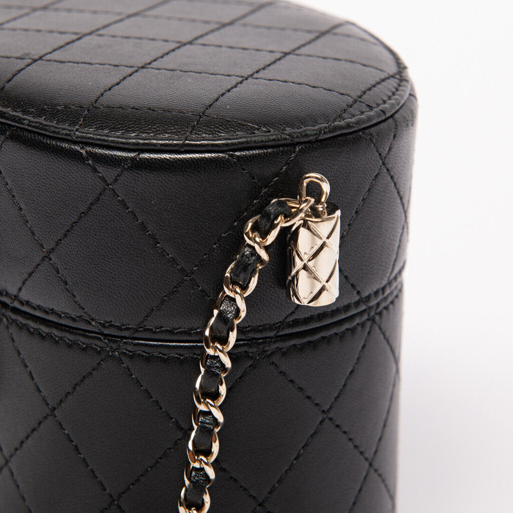 Chanel Black Lambskin Round Gold Hardware Vanity Case