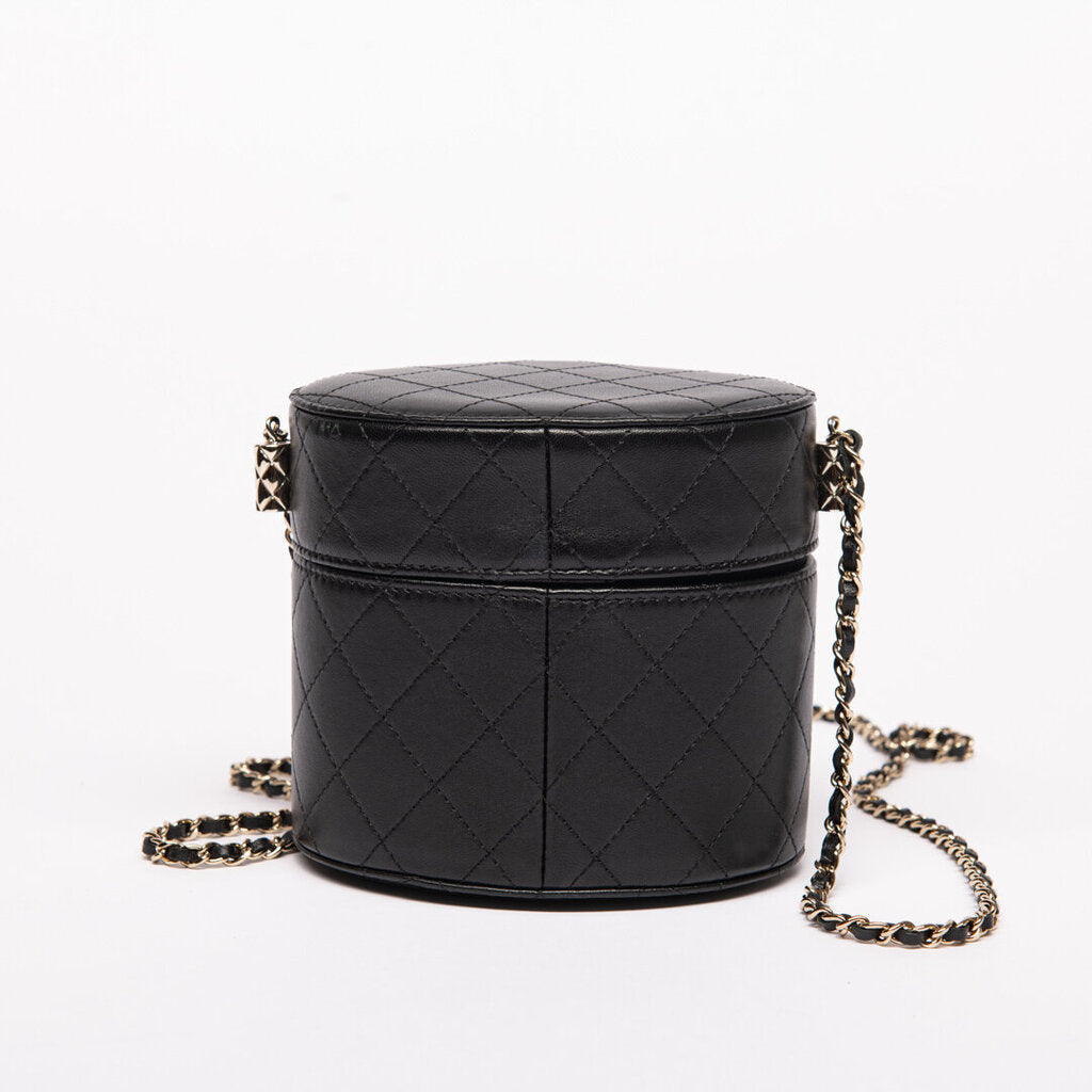 Chanel Black Lambskin Round Gold Hardware Vanity Case