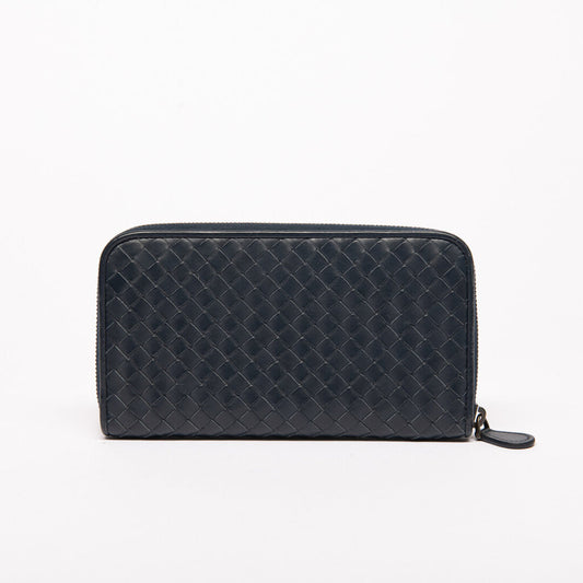 Bottega Veneta Navy Intrecciato Zip Wallet