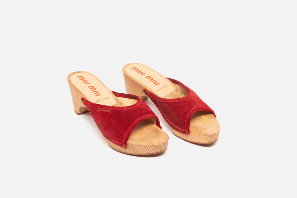 Miu Miu Red Suede Wooden Heeled Sandals