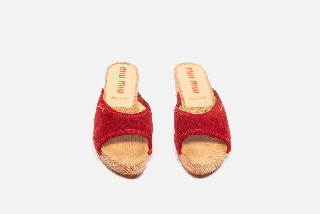 Miu Miu Red Suede Wooden Heeled Sandals