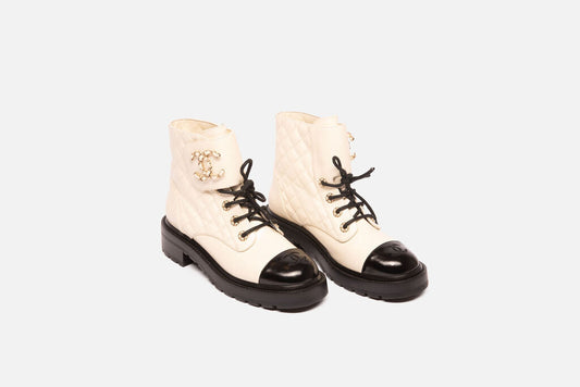 Chanel White Leather Black Captoe Lace Up Boots