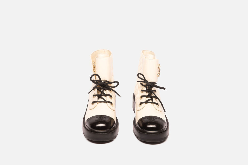 Chanel White Leather Black Captoe Lace Up Boots