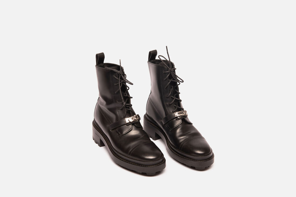 Hermes Black Leather Combat Boots