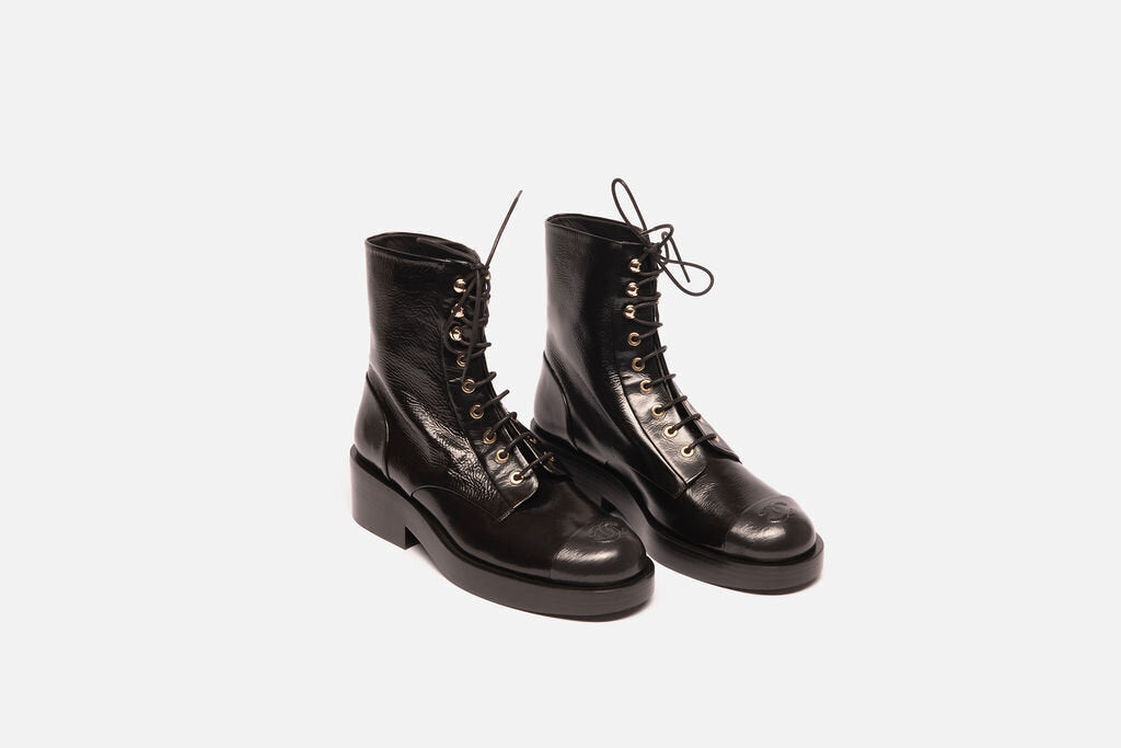 Chanel Black Leather Lace Up Combat Boots