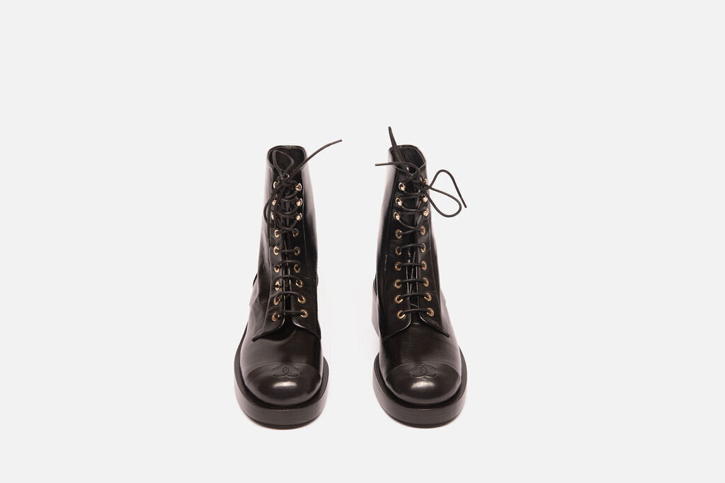 Chanel Black Leather Lace Up Combat Boots