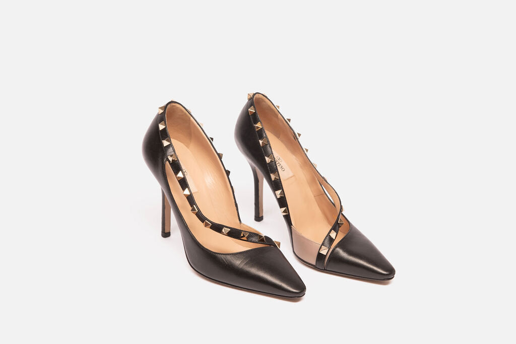 Valentino Black Leather Rockstud Pointed Toe Heels