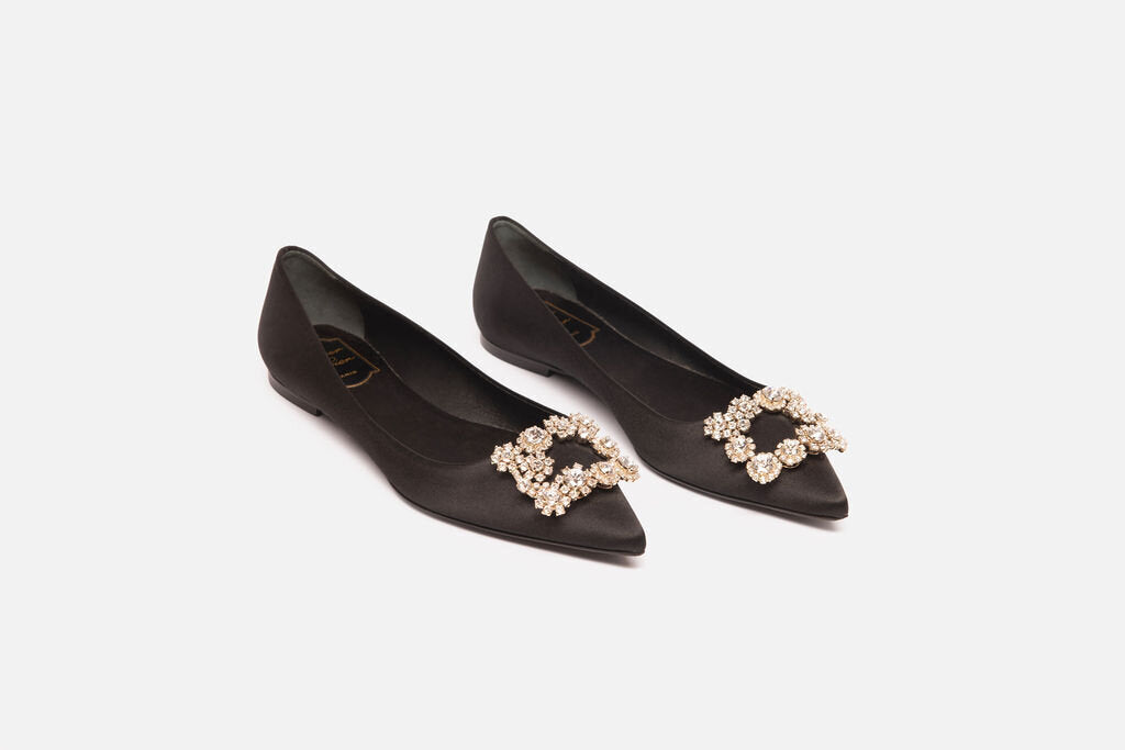 Roger Vivier Black Satin silver Jewel Point Toe Flats