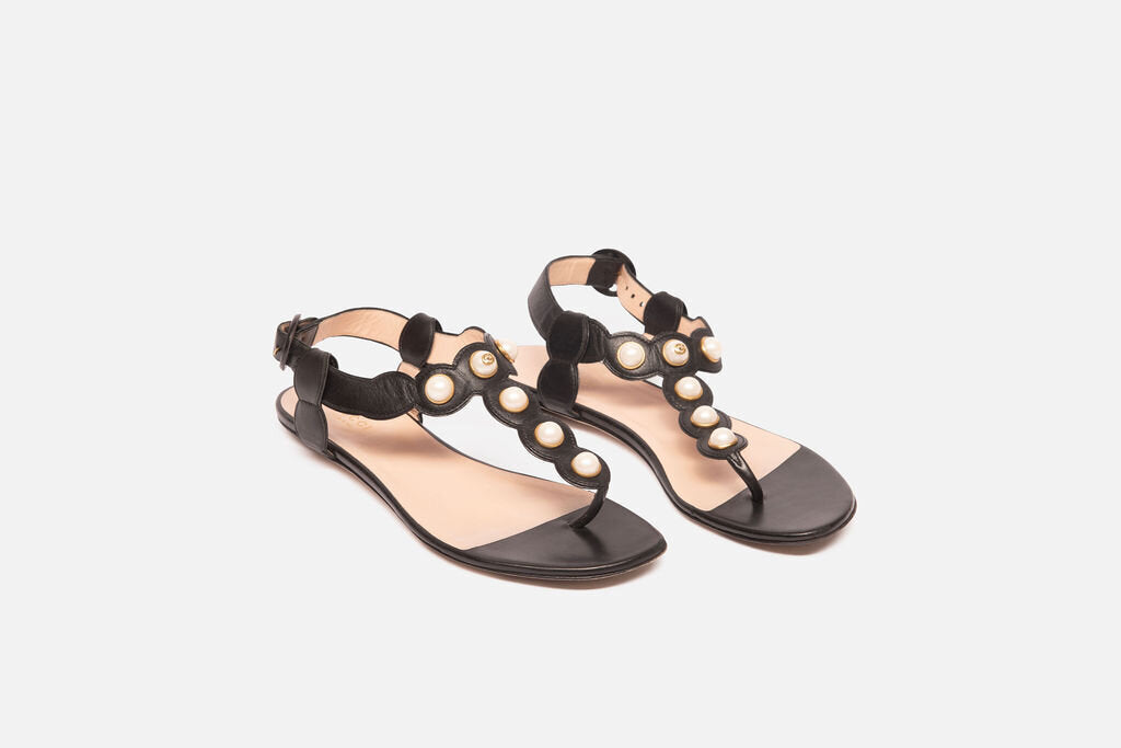 Gucci Black Leather Pearl Sandals