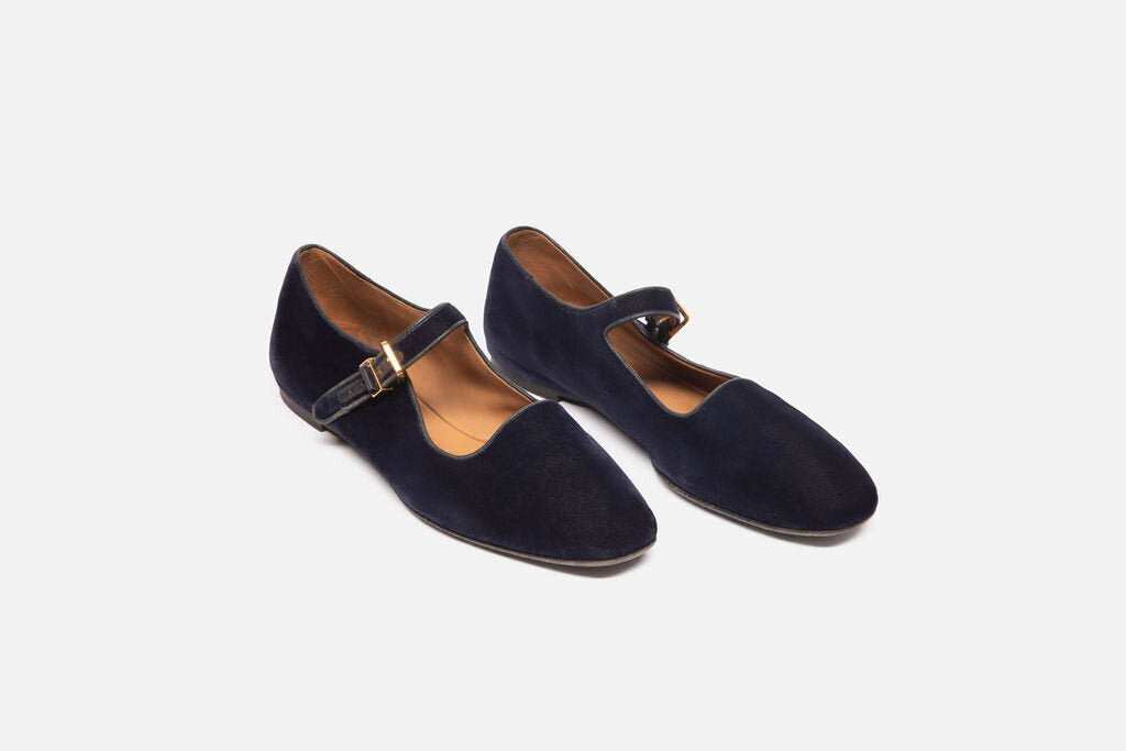 The Row Blue Velvet Mary Jane Flats