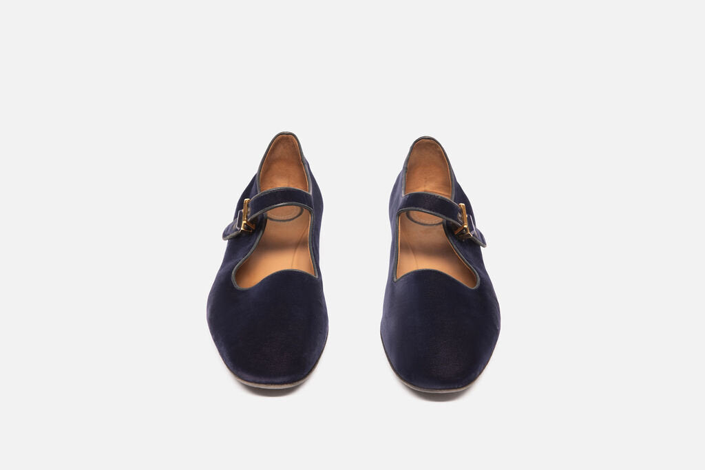 The Row Blue Velvet Mary Jane Flats