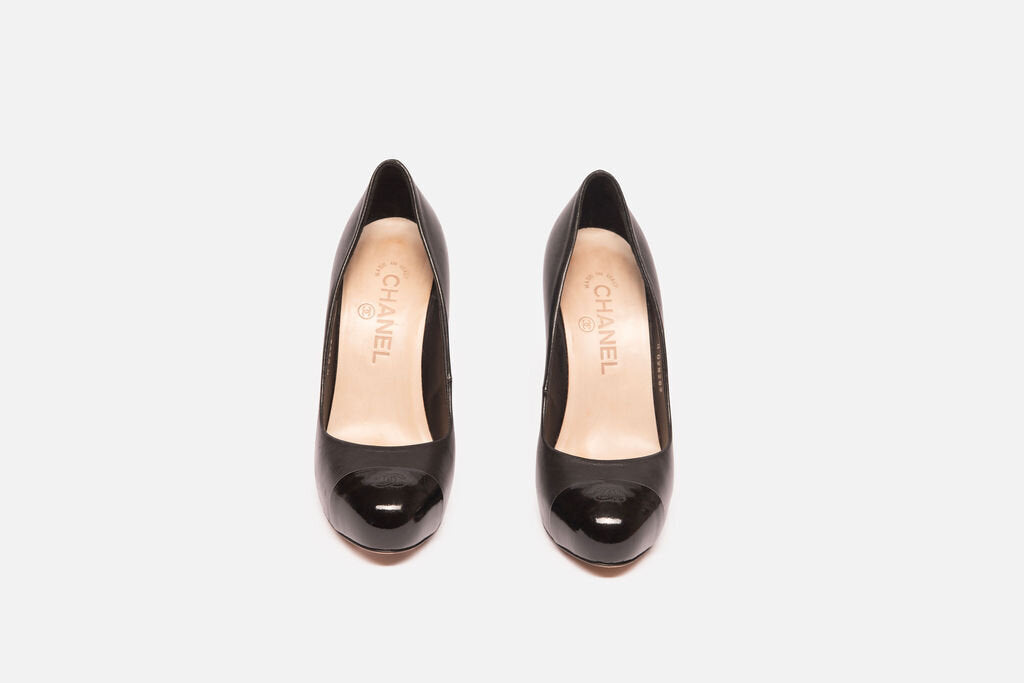 Chanel Black Patent Leather Cap Toe Pump