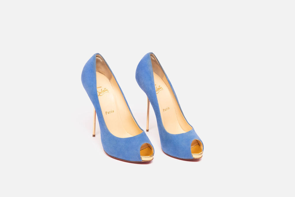 Christian Louboutin Blue Suede Peep Toe Gold Heel Pump