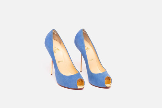 Christian Louboutin Blue Suede Peep Toe Gold Heel Pump