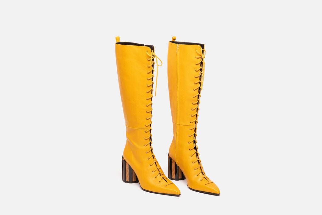 Ami Yellow Leather Lace Up Knee High Boot