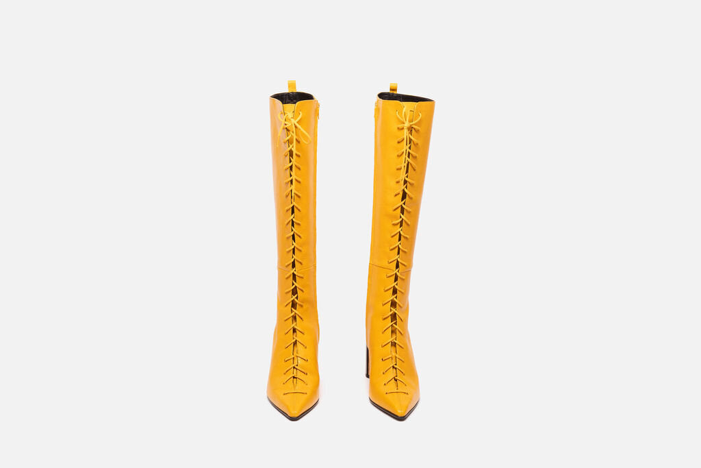 Ami Yellow Leather Lace Up Knee High Boot