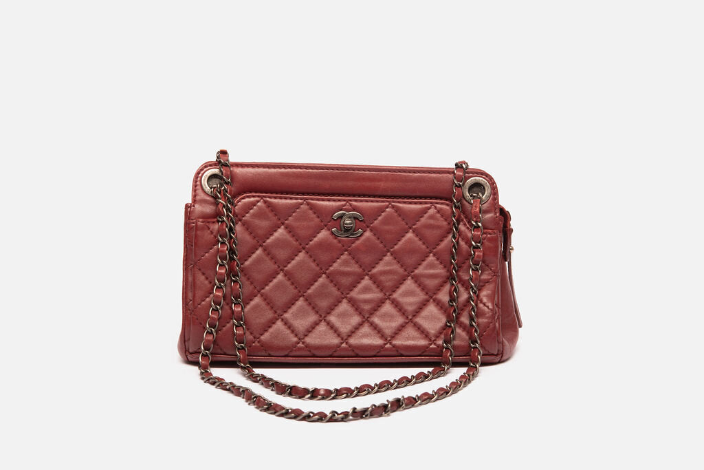 Chanel Dark Red Tote With Turn Lock Exterior Pocket