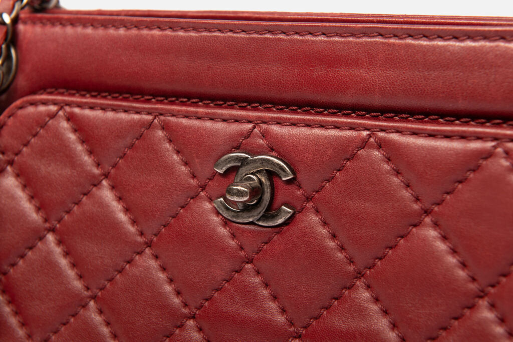 Chanel Dark Red Tote With Turn Lock Exterior Pocket