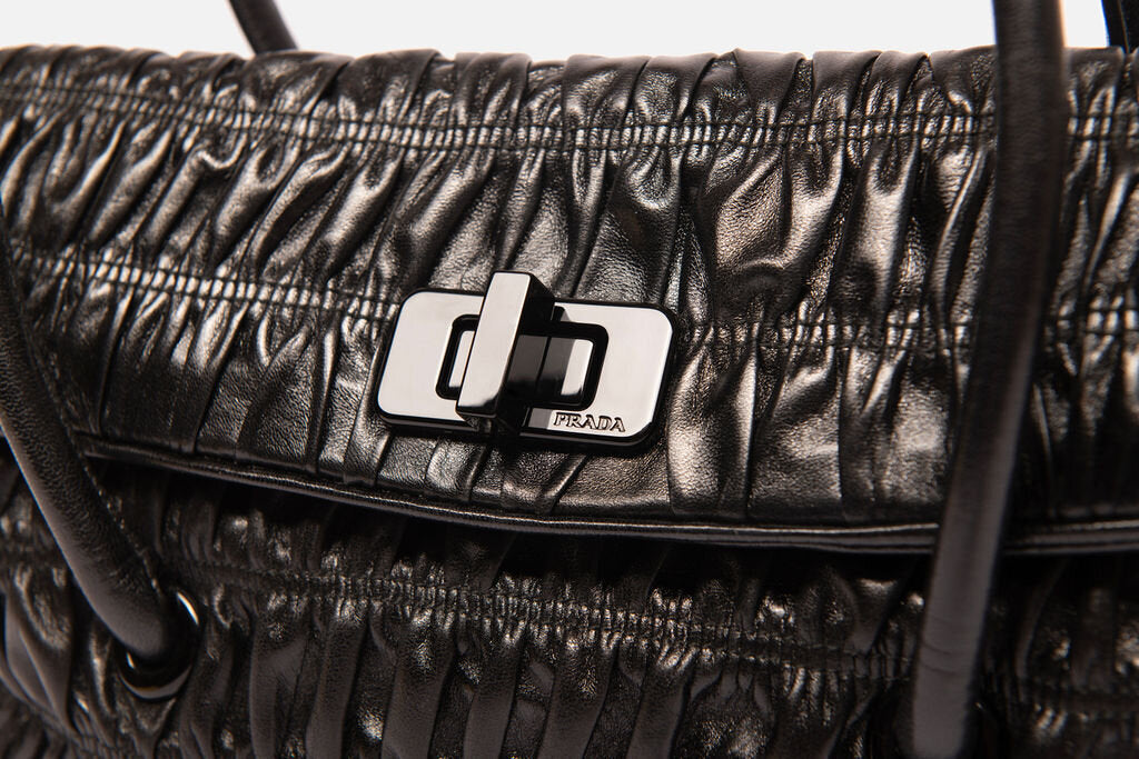 Prada Black on Black Ruched Leather Shoulder Bag