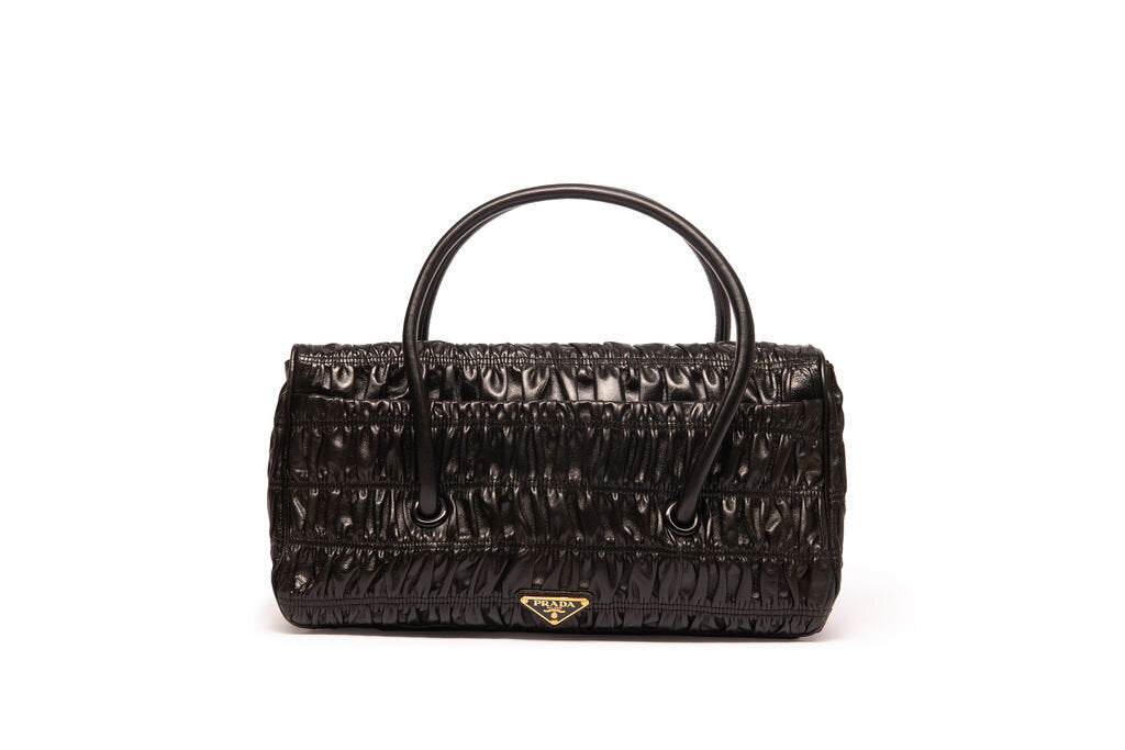 Prada Black on Black Ruched Leather Shoulder Bag