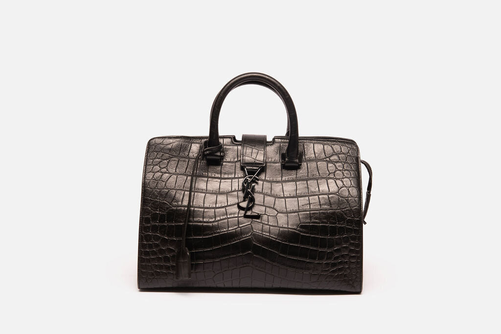 Saint Laurent Black Croc Embossed Cabas Tote With Strap