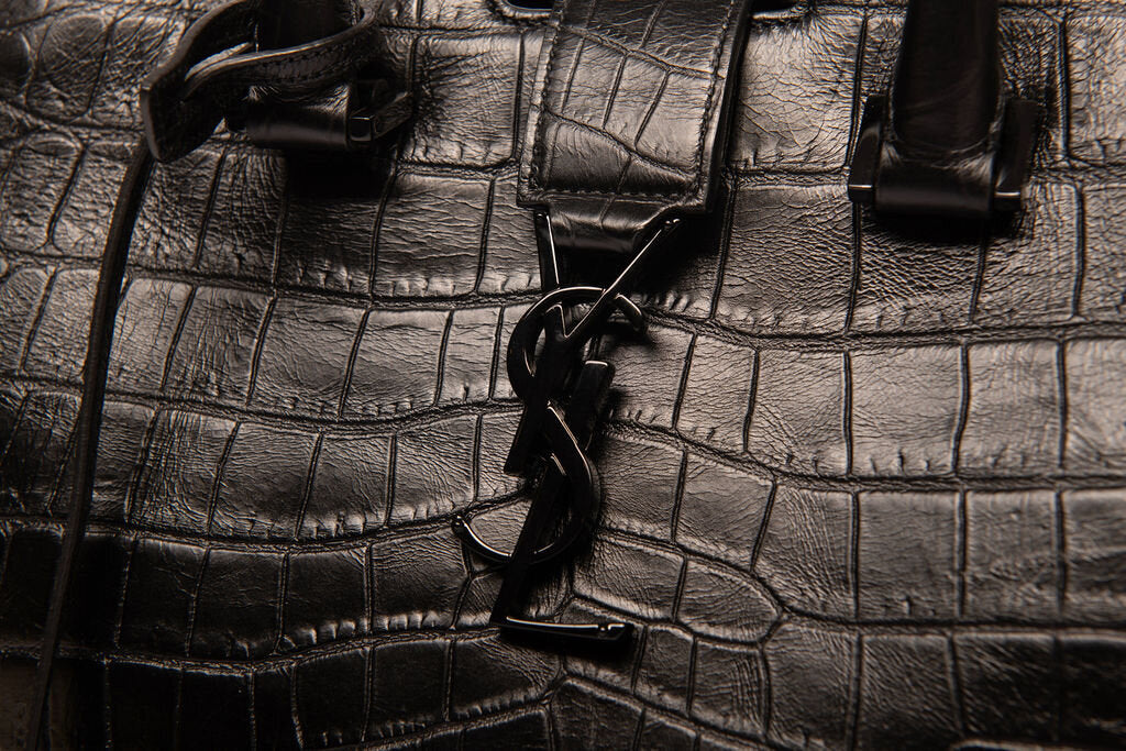 Saint Laurent Black Croc Embossed Cabas Tote With Strap