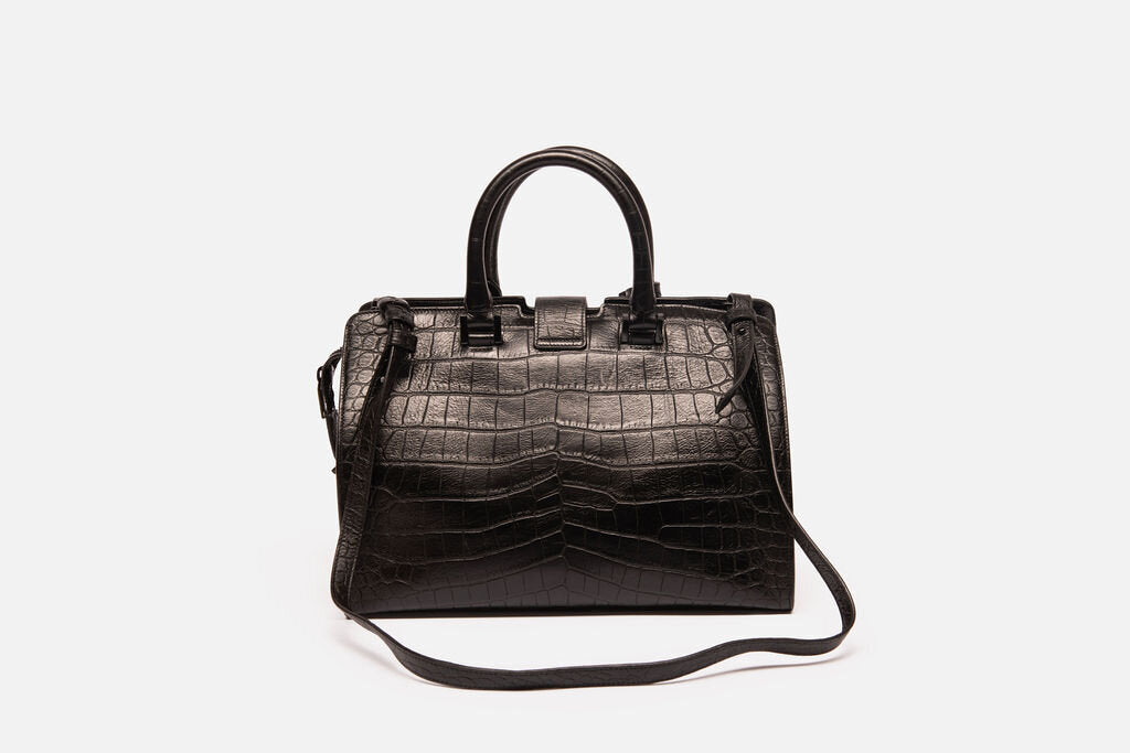 Saint Laurent Black Croc Embossed Cabas Tote With Strap